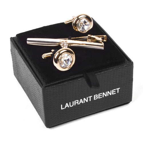 Gold With Gem Cufflink and Tie Bar Set